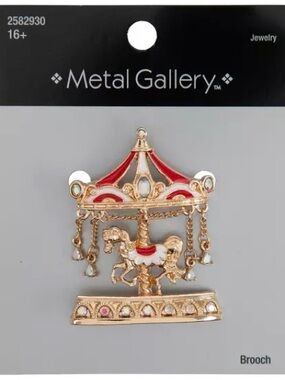 New Metal Gallery Gold Carousel Horse Brooch with Red & White Enamel